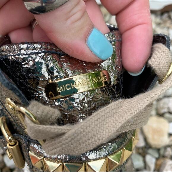 Michael Kors Gold Foil Studded High Rise Sneakers 7M - Picture 5 of 9